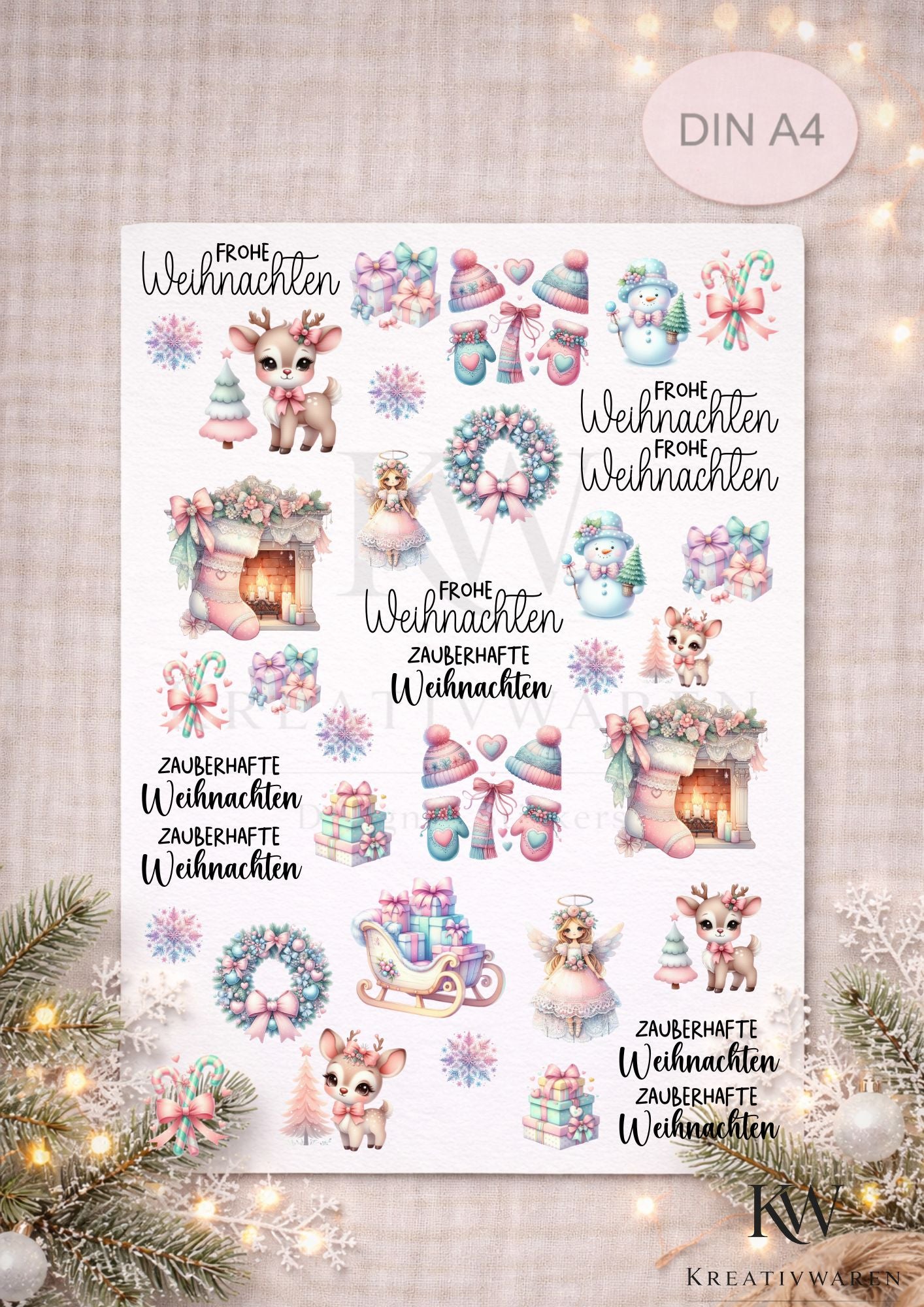 Rub Ons „Weihnachten Pastell" – A4 Rub-On Sheet, randlos