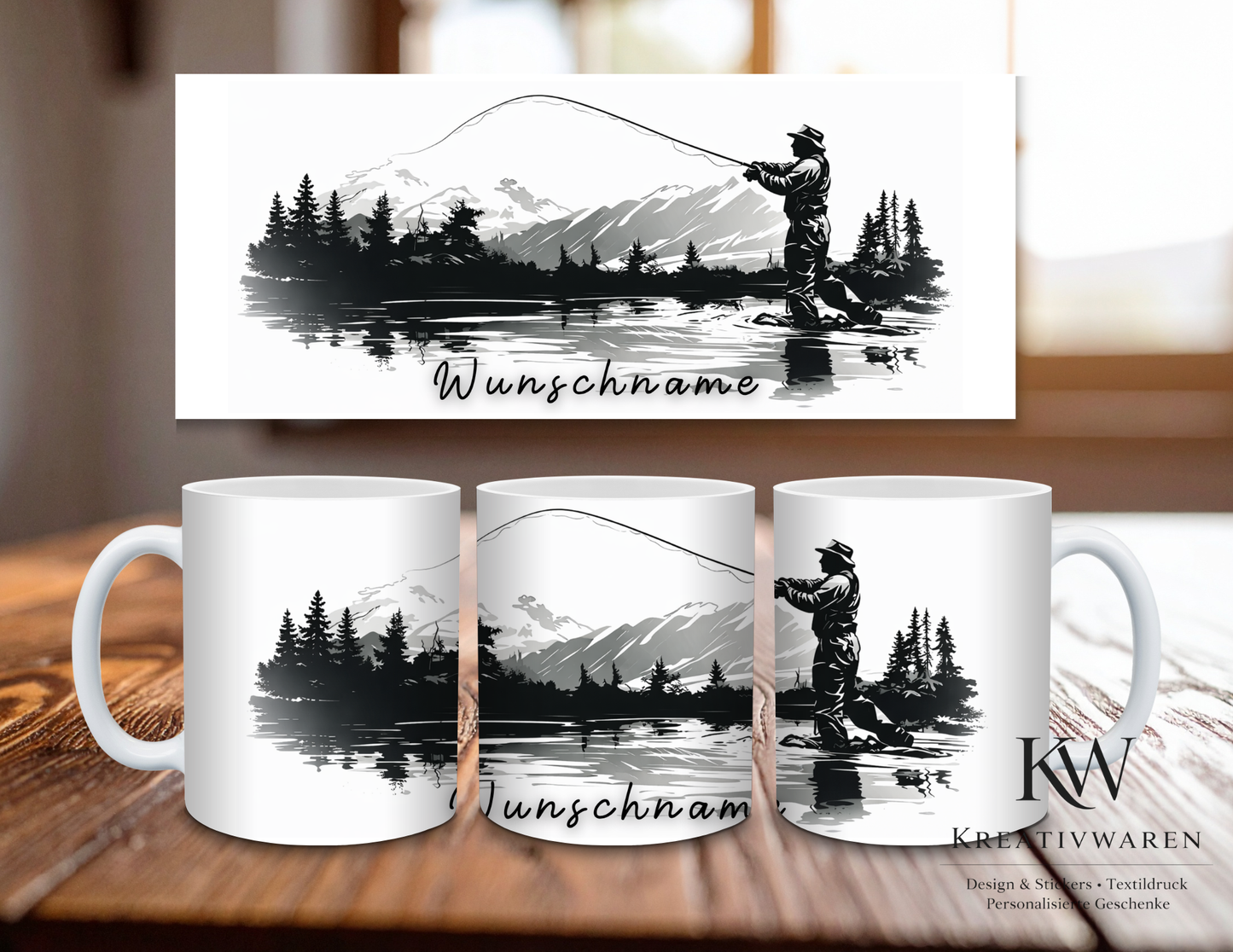 🎣 Personalisierte Angler Tasse mit Wunschname – Berg & See Design | Geschenk für Angler ☕🌲