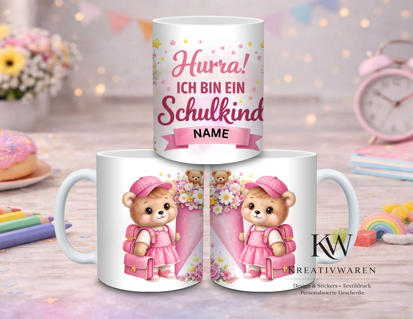 Personalisierte Einschulungstasse mit Name | Geschenk Schulanfang Mädchen Junge | Tasse Schulkind | Einschulung Geschenk Idee | Bär Motiv