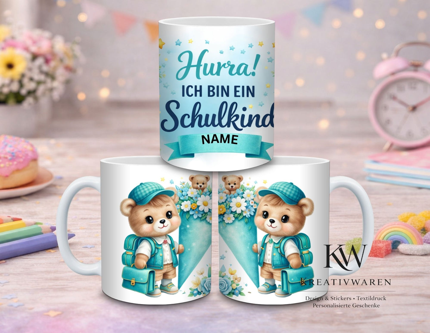 Personalisierte Einschulungstasse mit Name | Geschenk Schulanfang Mädchen Junge | Tasse Schulkind | Einschulung Geschenk Idee | Bär Motiv