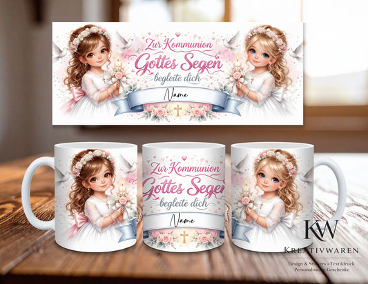 Personalisierte Kommunion Tasse Mädchen – Gottes Segen begleite dich – Geschenk zur Erstkommunion – Tasse mit Name