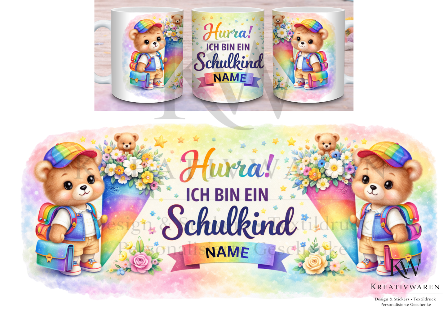 Personalisierte Einschulungstasse mit Name | Geschenk Schulanfang Mädchen Junge | Tasse Schulkind | Einschulung Geschenk Idee | Bär Motiv
