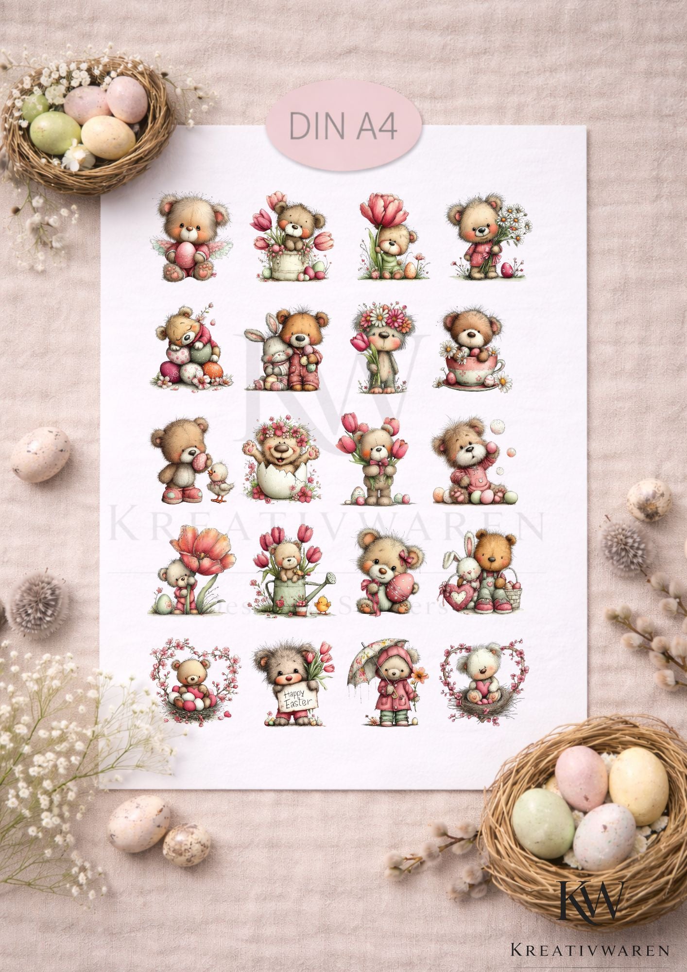 Rub Ons „Teddy Frühling“ – DIN A4 Rub-On Sheet, randlos