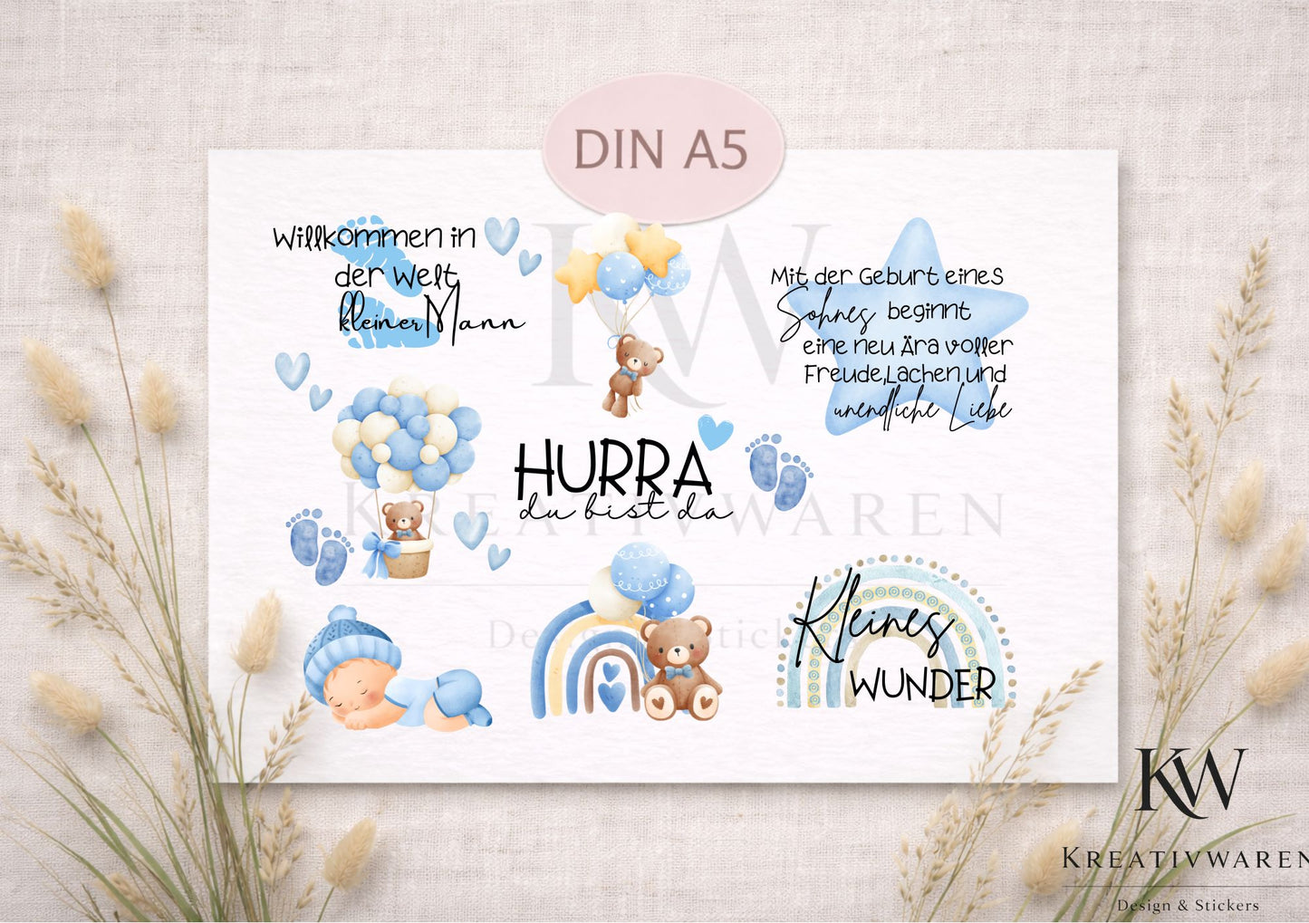 Rub Ons „Geburt Baby Junge“ – A5 Rub-On Sheet, randlos