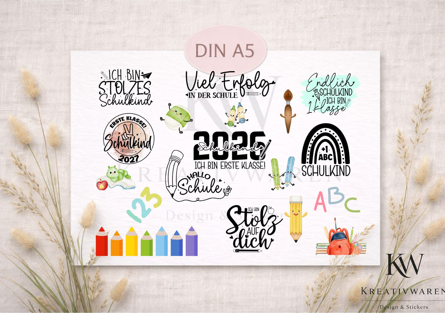 Rub Ons „Schulkind 2026“ – DIN A5 Rub-On Sheet, randlos, bunt
