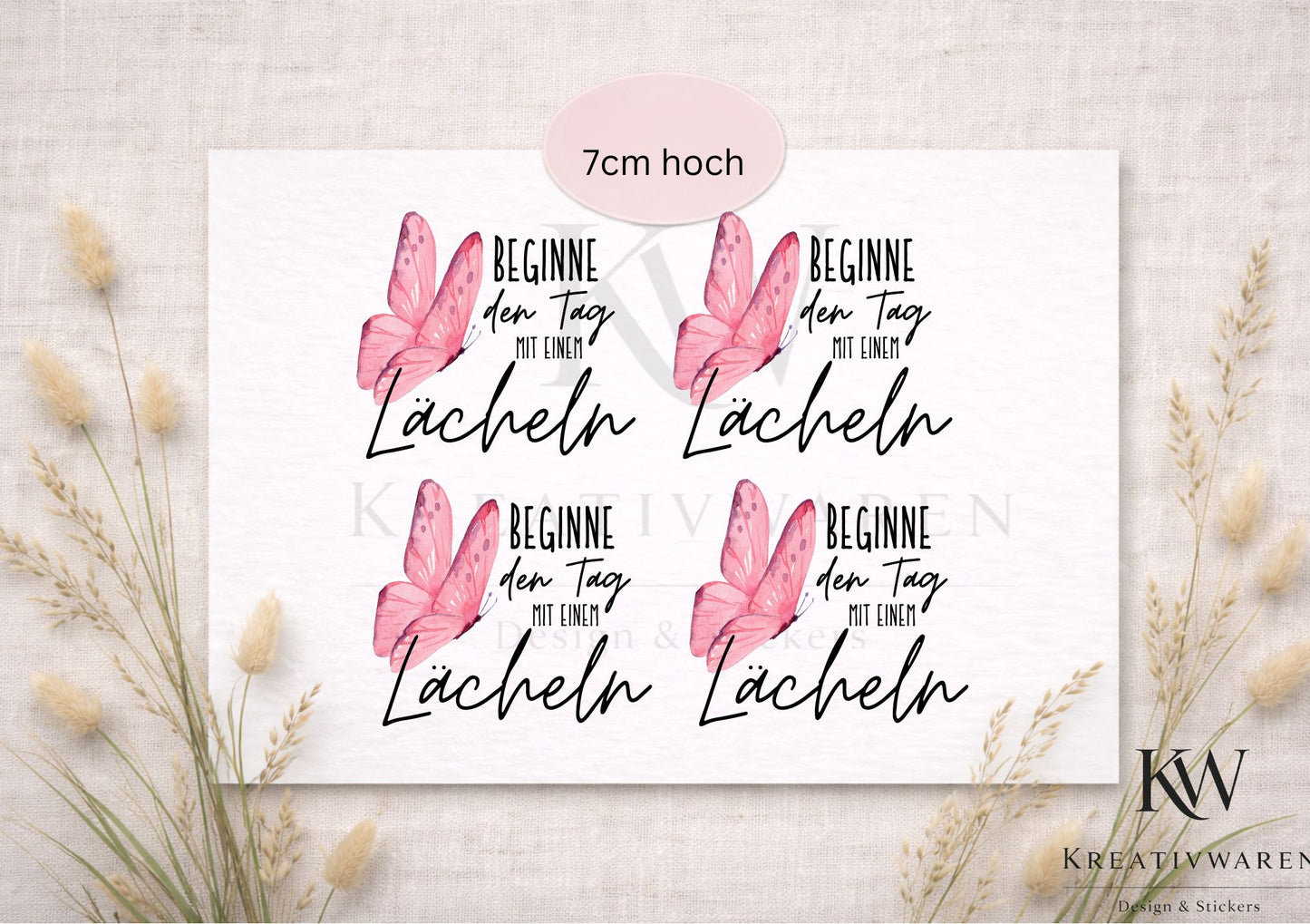 Rub Ons „Beginne den Tag mit einem Lächeln – Schmetterling“ – Motiv 7 cm, Rub-On, randlos