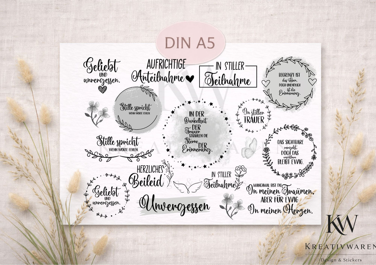 Rub Ons „Stille Anteilnahme“ – A5 Rub-On Sheet, Trauer & Erinnerung, randlos, elegant