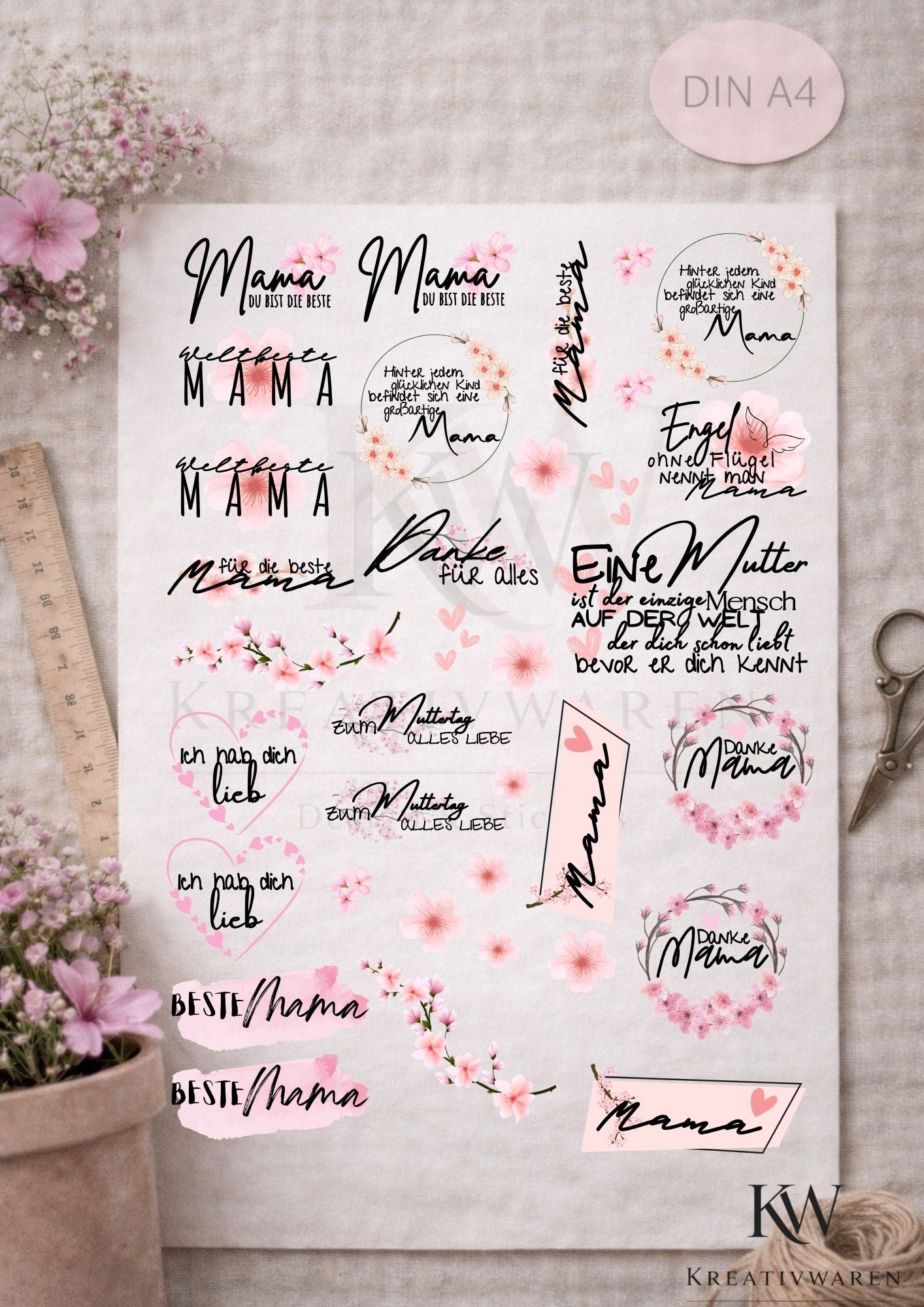 Rub Ons „Alles Liebe Mama“ – DIN A4 Rub-On Sheet, randlos