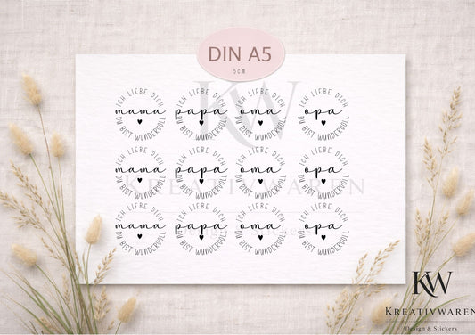 Rub Ons „Ich Liebe dich mama - papa - oma - opa“ – DIN A5 Rub-On Sheet, randlos