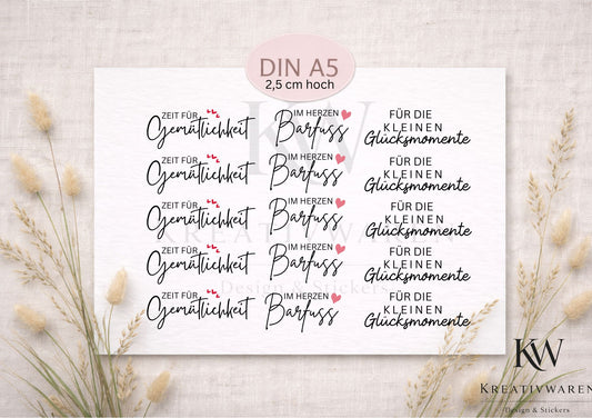 Rub Ons „Gemütlichkeit, Barfuss im Herz, Glücksmoment“ – DIN A5 Rub-On Sheet, randlos