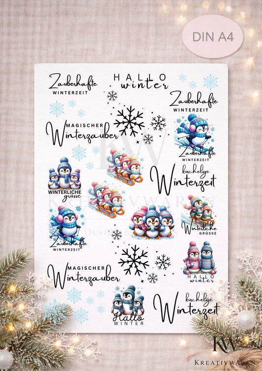 Rub Ons „Weihnachten Pinguin“ – A4 Rub-On Sheet, randlos