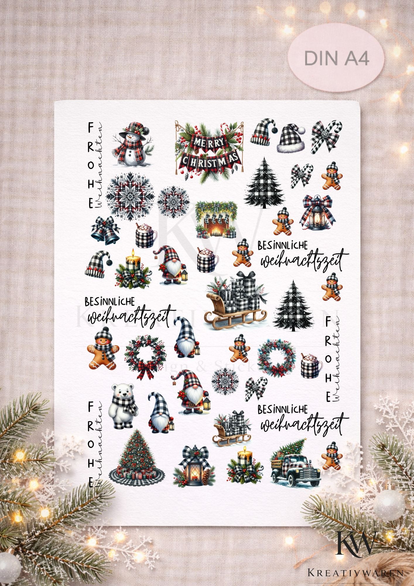 Rub Ons „Weihnachten - schwarz/weiss“ – A4 Rub-On Sheet, randlos