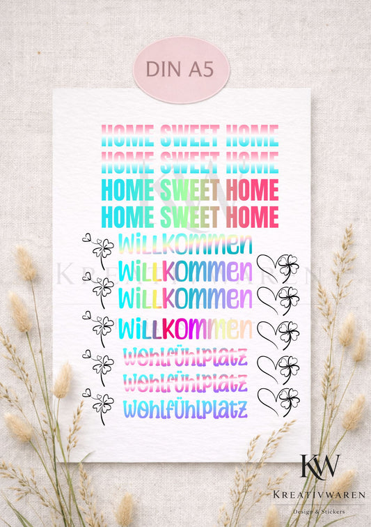 Rub Ons „Willkommen & Wohlfühlplatz - home sweet home“ – A5 Rub-On Sheet, randlos