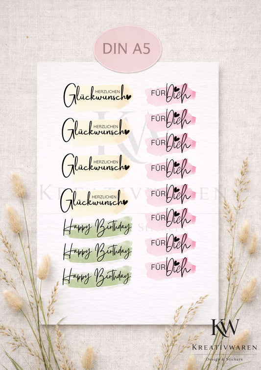 Rub Ons „Herzlichen Glückwunsch - Für dich - Happy Birthday“ – A5 Rub-On Sheet, randlos