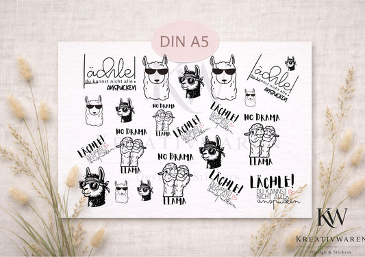 Rub Ons „Lächle! Lama Drama!“ – A5 Rub-On Sheet, randlos