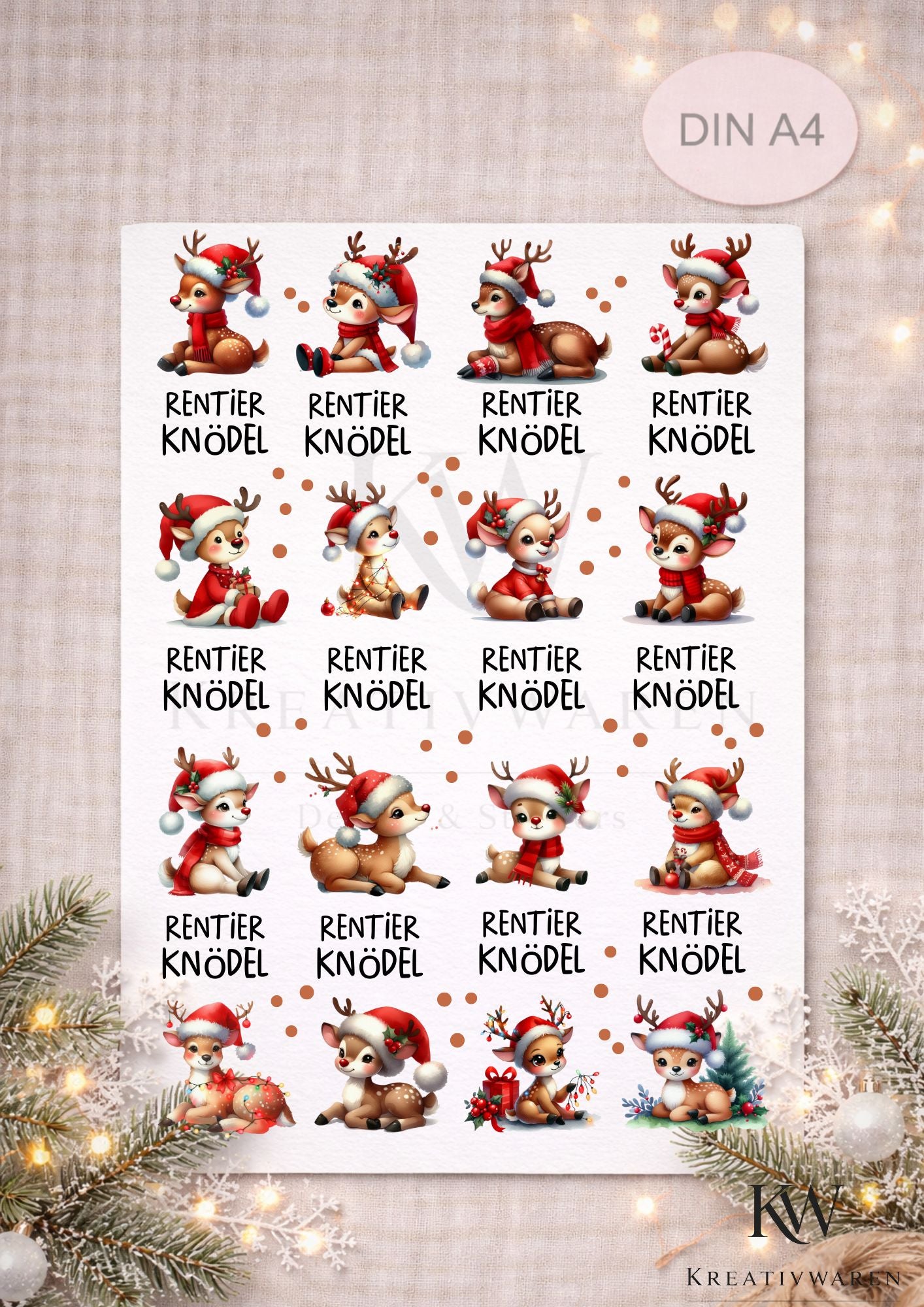 Rub Ons „Weihnachten - Rentier Knödel “ – A4 Rub-On Sheet, randlos
