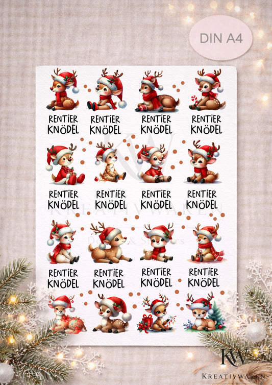 Rub Ons „Weihnachten - Rentier Knödel “ – A4 Rub-On Sheet, randlos