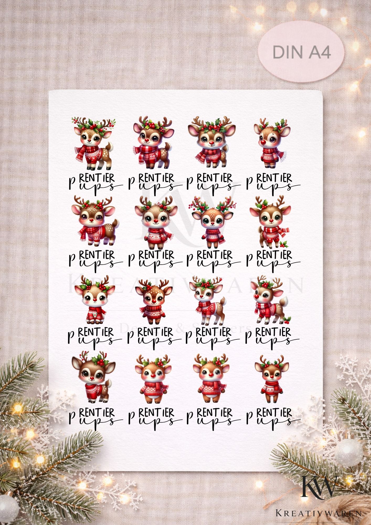 Rub Ons „Weihnachten - Rentier Pups“ – A4 Rub-On Sheet, randlos