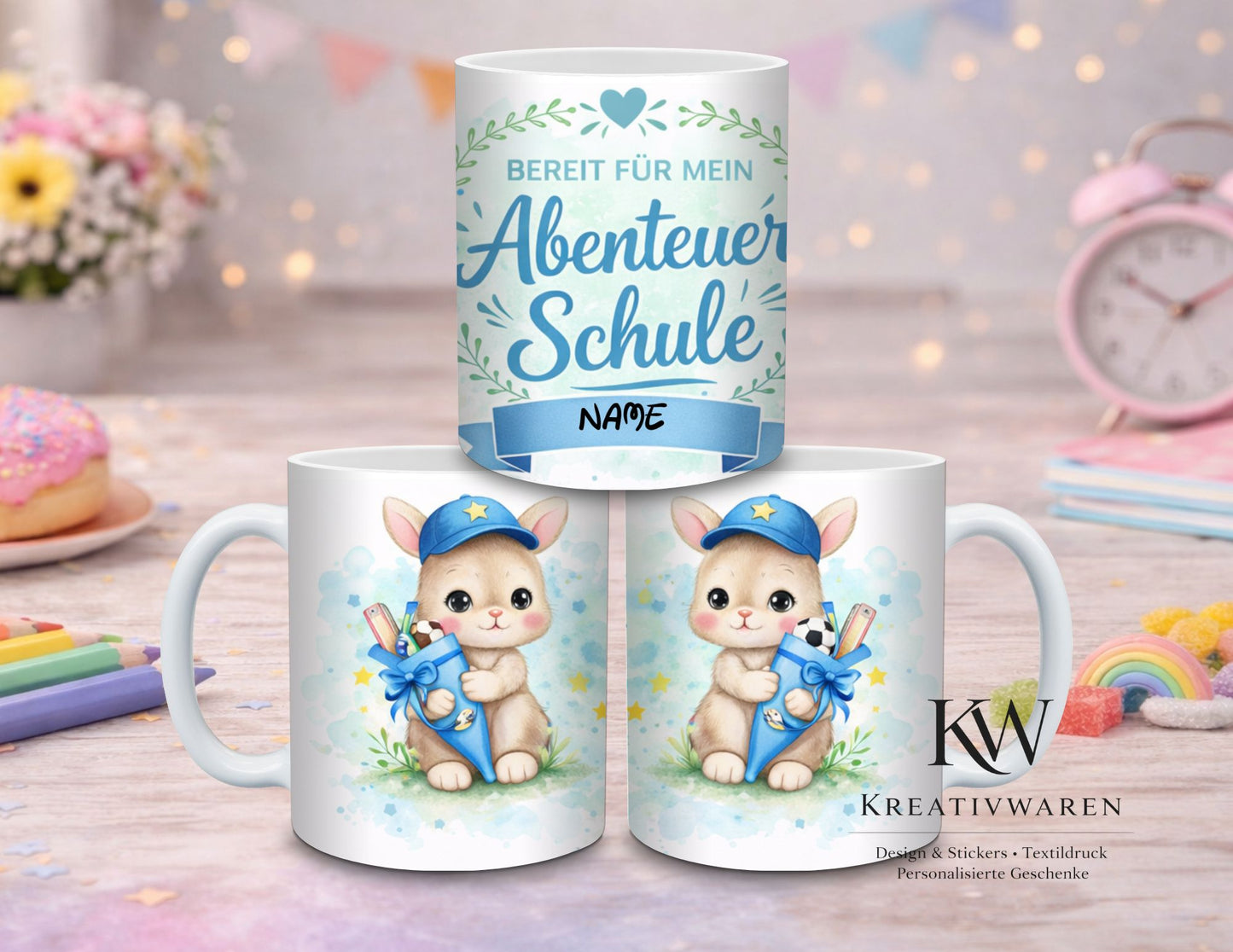 Personalisierte Einschulung Tasse – Süßes Häschen mit Name – Geschenk zum Schulanfang – Individuelle Kinder Tasse