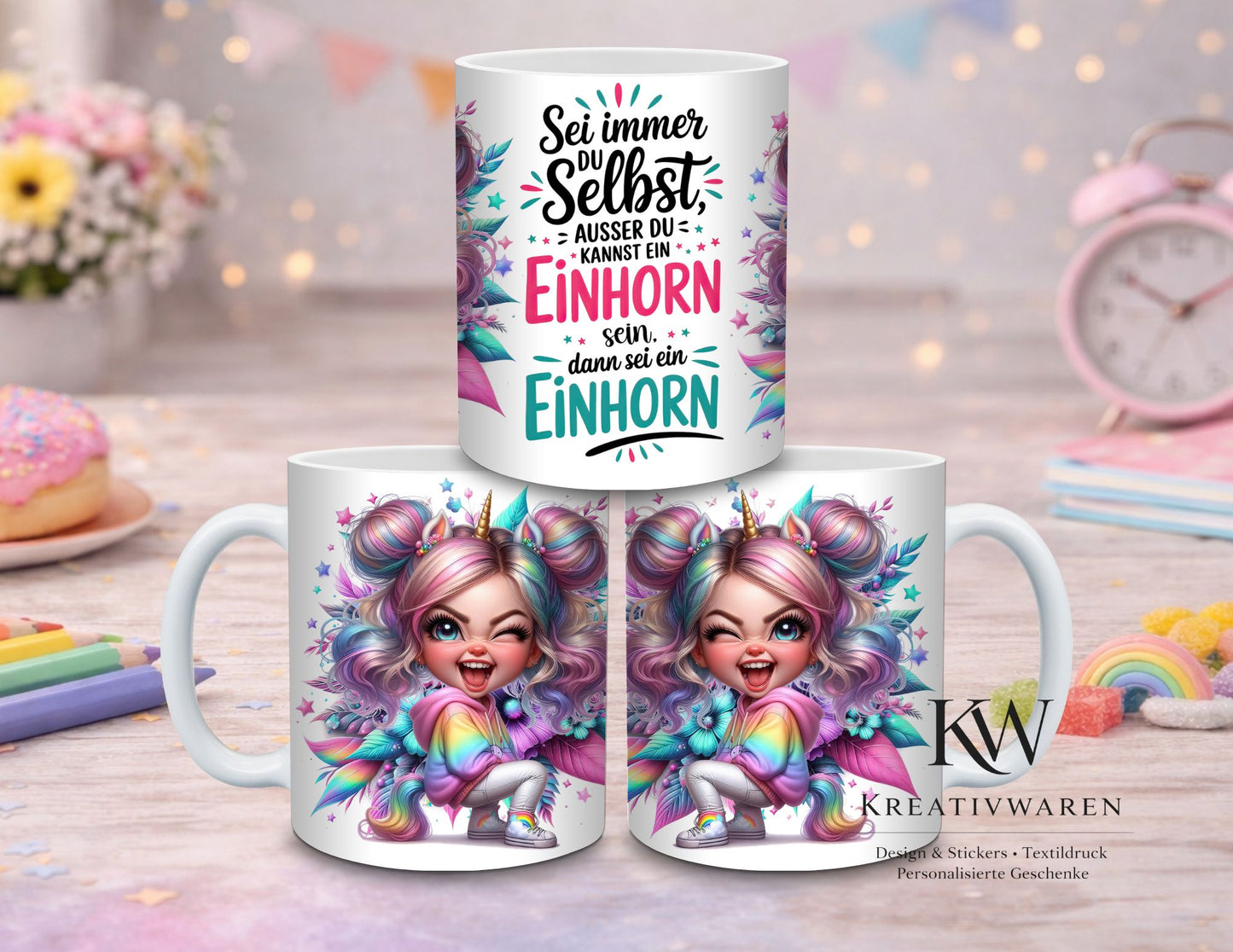 Einhorn Tasse mit Spruch lustig – Sei immer du selbst ausser du kannst ein Einhorn sein – Geschenkidee, Regenbogen Kaffeetasse, Motivation Humor