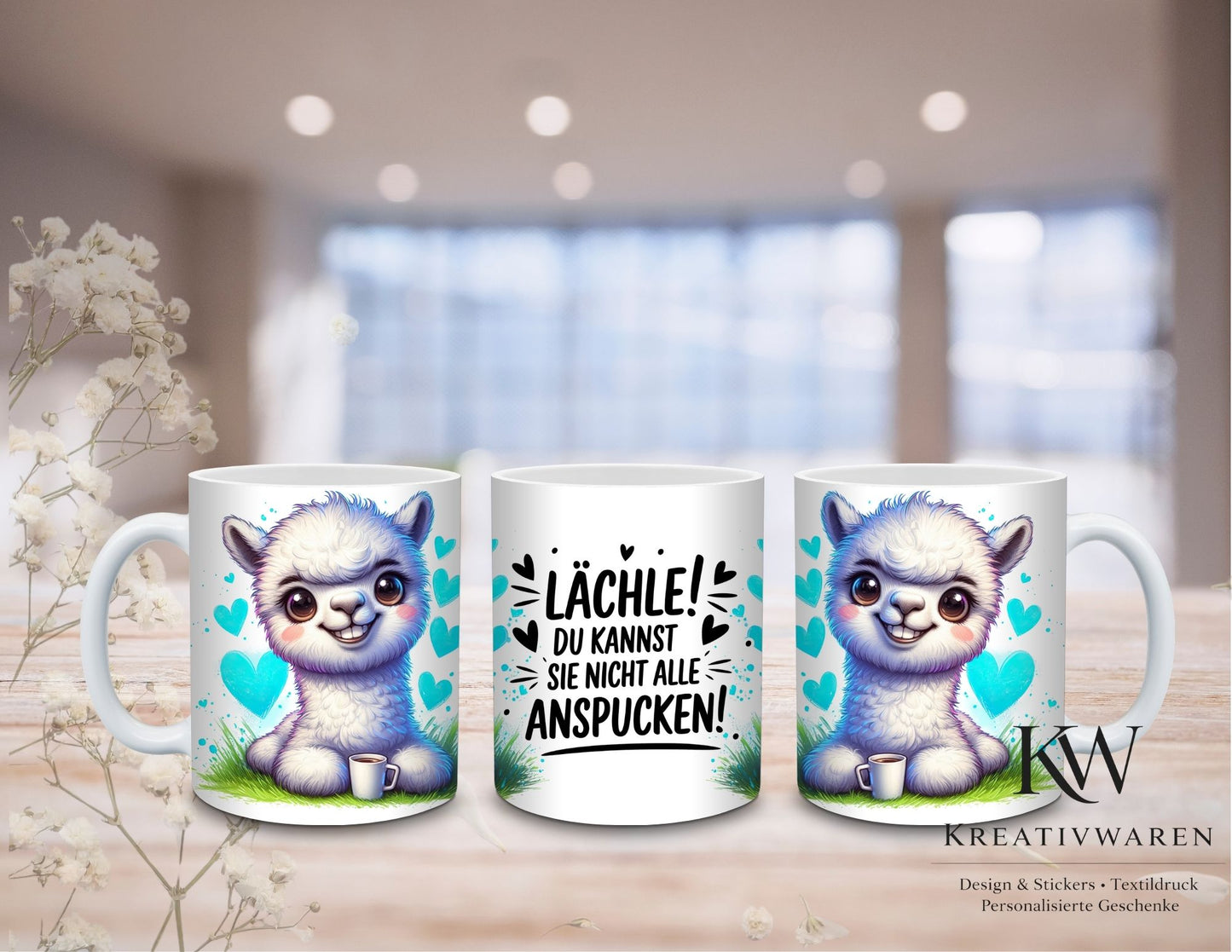 Lustige Alpaka Tasse mit Spruch – Lächle du kannst sie nicht alle anspucken, süße Lama Tasse, Humor Geschenk für Freunde, Kollegen Geschenk