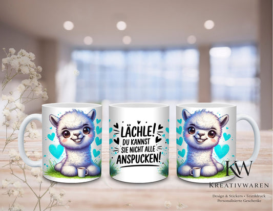 Lustige Alpaka Tasse mit Spruch – Lächle du kannst sie nicht alle anspucken, süße Lama Tasse, Humor Geschenk für Freunde, Kollegen Geschenk