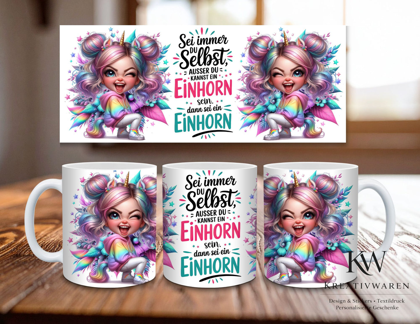 Einhorn Tasse mit Spruch lustig – Sei immer du selbst ausser du kannst ein Einhorn sein – Geschenkidee, Regenbogen Kaffeetasse, Motivation Humor
