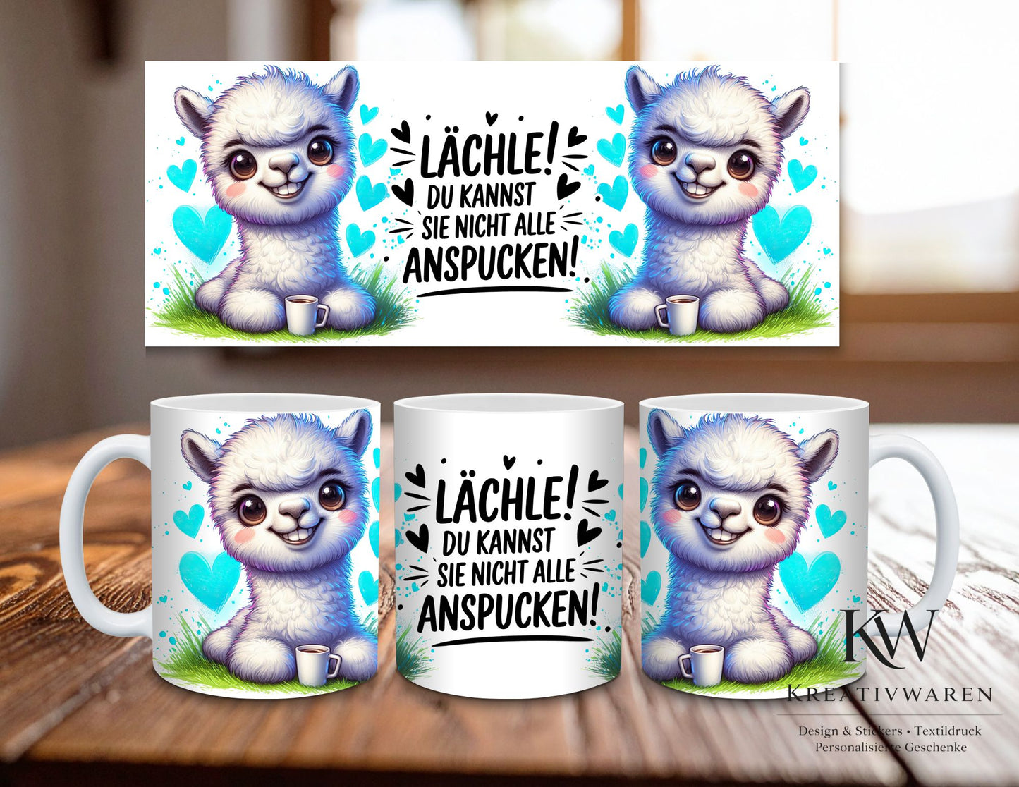 Lustige Alpaka Tasse mit Spruch – Lächle du kannst sie nicht alle anspucken, süße Lama Tasse, Humor Geschenk für Freunde, Kollegen Geschenk