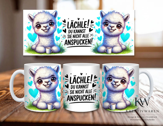Lustige Alpaka Tasse mit Spruch – Lächle du kannst sie nicht alle anspucken, süße Lama Tasse, Humor Geschenk für Freunde, Kollegen Geschenk