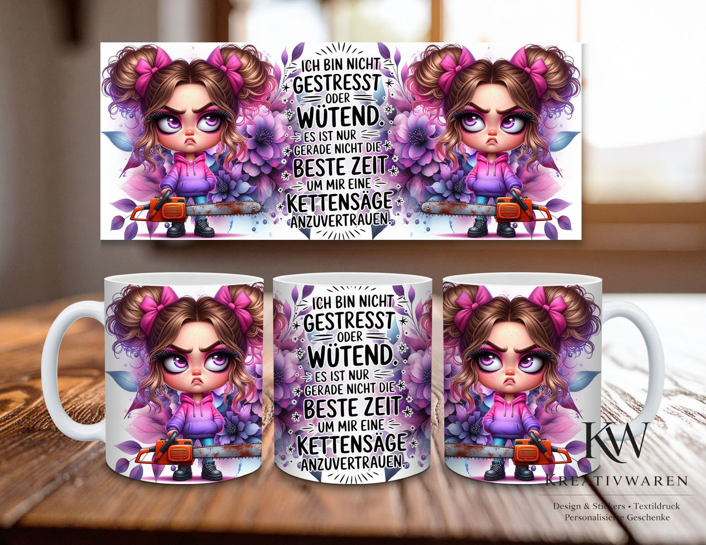 Lustige Sarkasmus Tasse mit Spruch – Ich bin nicht gestresst oder wütend Kettensäge Humor, freche Tasse, Geschenk für Kollegen & Freunde