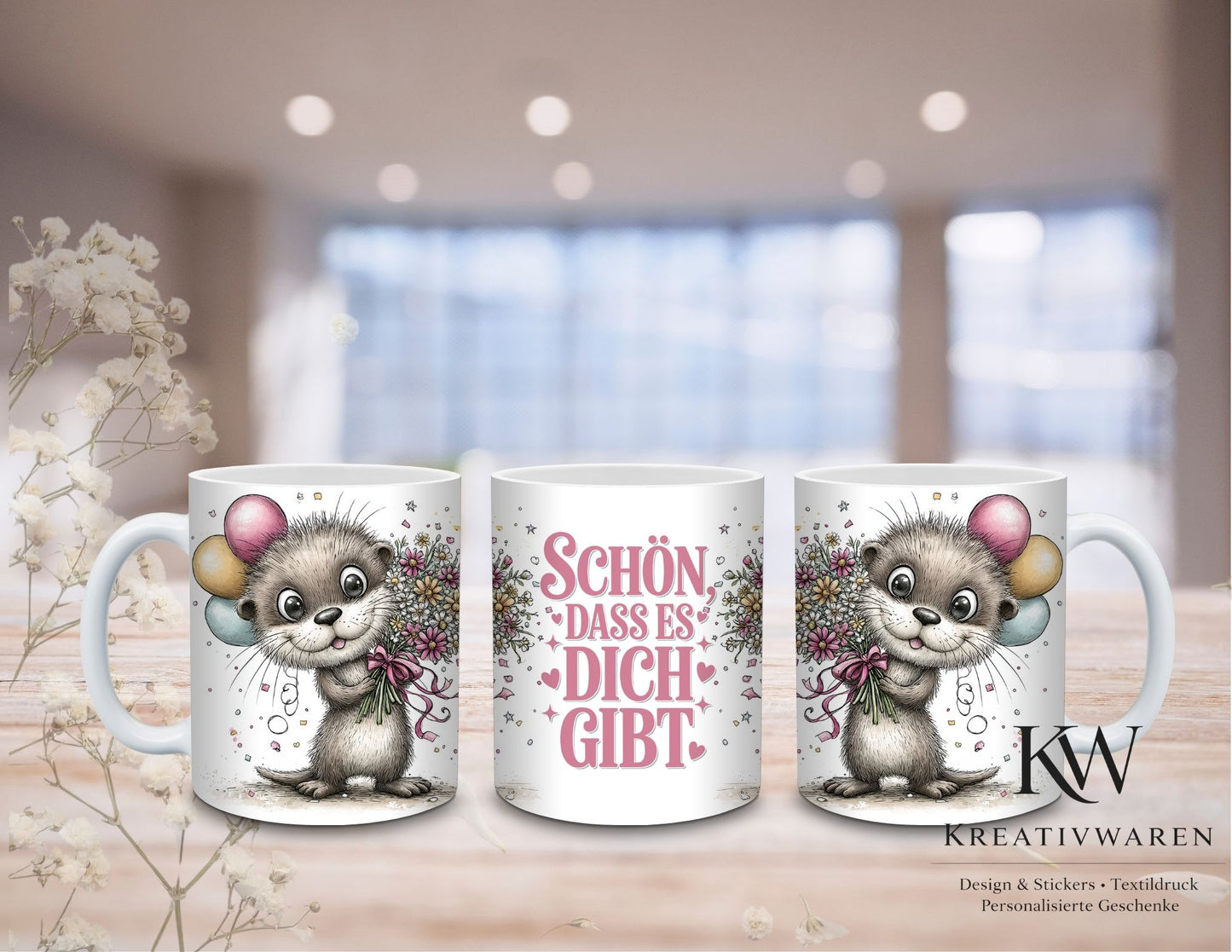 Süße Otter Tasse mit Spruch–Schön dass es dich gibt, Geschenk für Freundin, liebevolles Geschenk, Geburtstag Geschenk, niedliche Tasse