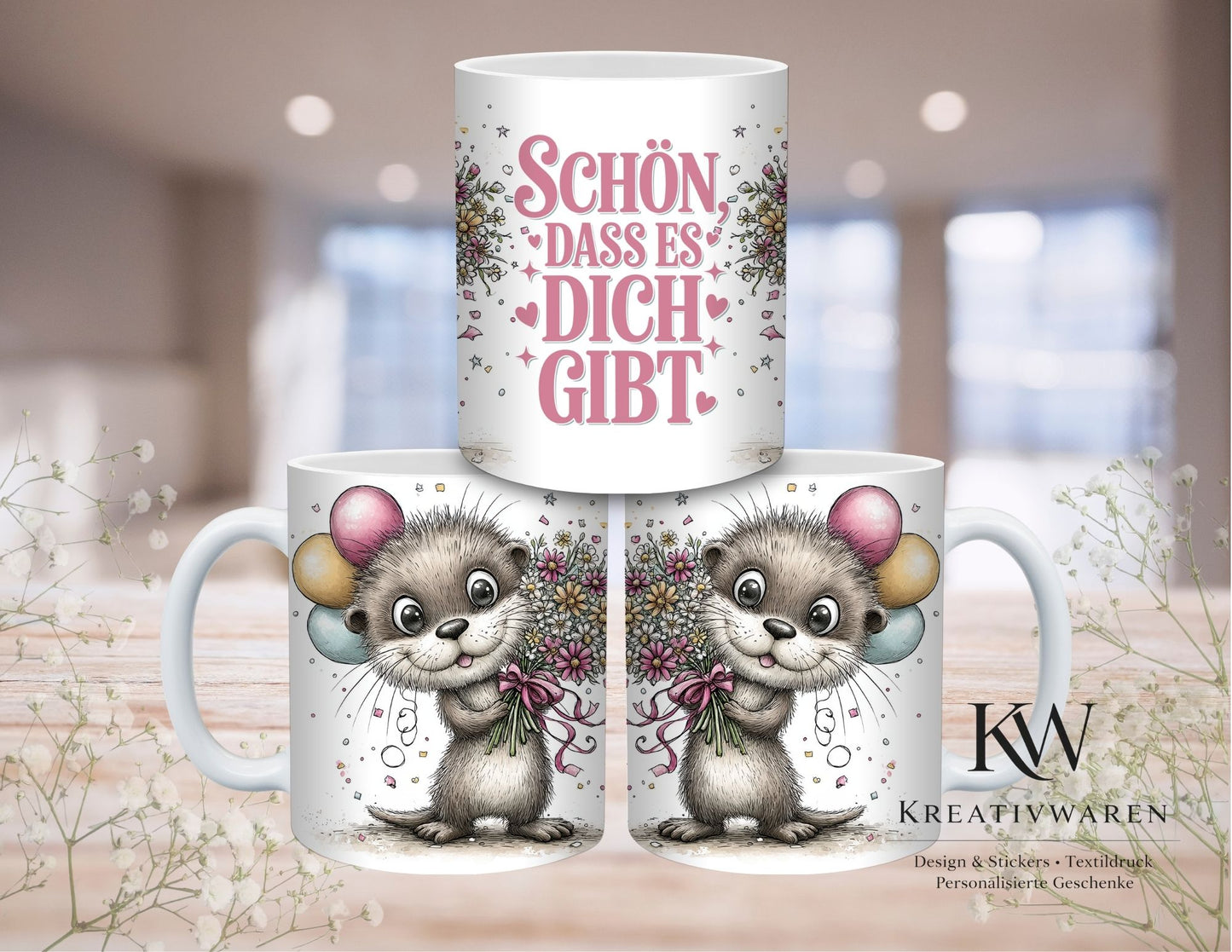 Süße Otter Tasse mit Spruch–Schön dass es dich gibt, Geschenk für Freundin, liebevolles Geschenk, Geburtstag Geschenk, niedliche Tasse