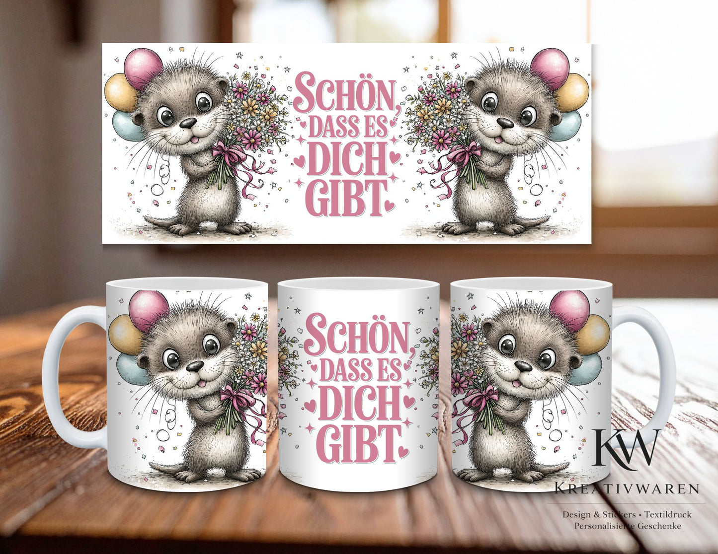 Süße Otter Tasse mit Spruch–Schön dass es dich gibt, Geschenk für Freundin, liebevolles Geschenk, Geburtstag Geschenk, niedliche Tasse