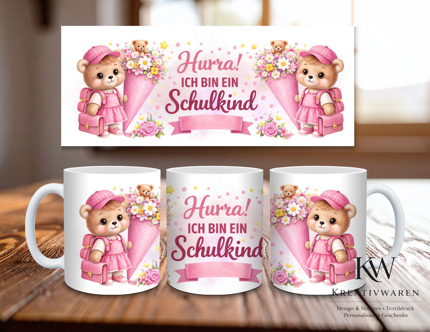 Personalisierte Einschulungstasse mit Name | Geschenk Schulanfang Mädchen Junge | Tasse Schulkind | Einschulung Geschenk Idee | Bär Motiv