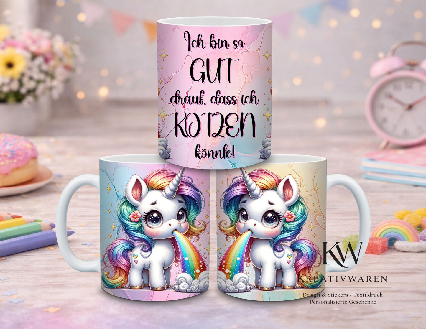 Einhorn Tasse Spruch lustig – „Ich bin so gut drauf“ – sarkastischer Becher, Humor Geschenk, Regenbogen Einhorn Tasse