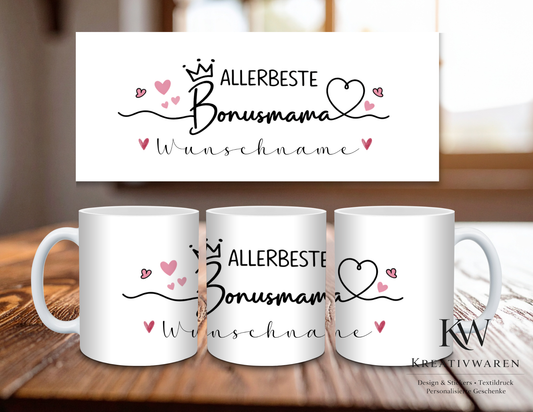 💖 Beste Bonus Mama Tasse mit Wunschname – Personalisiertes Geschenk | Herz Design ☕