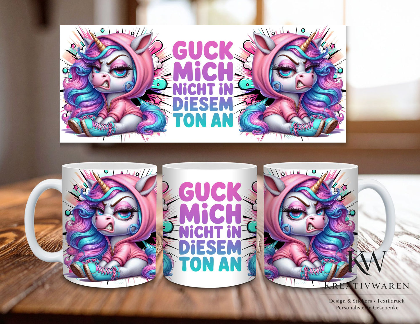 Lustige Einhorn Tasse mit Spruch – Guck mich nicht in diesem Ton an – frecher Becher, Sarkasmus Geschenk, Büro Humor