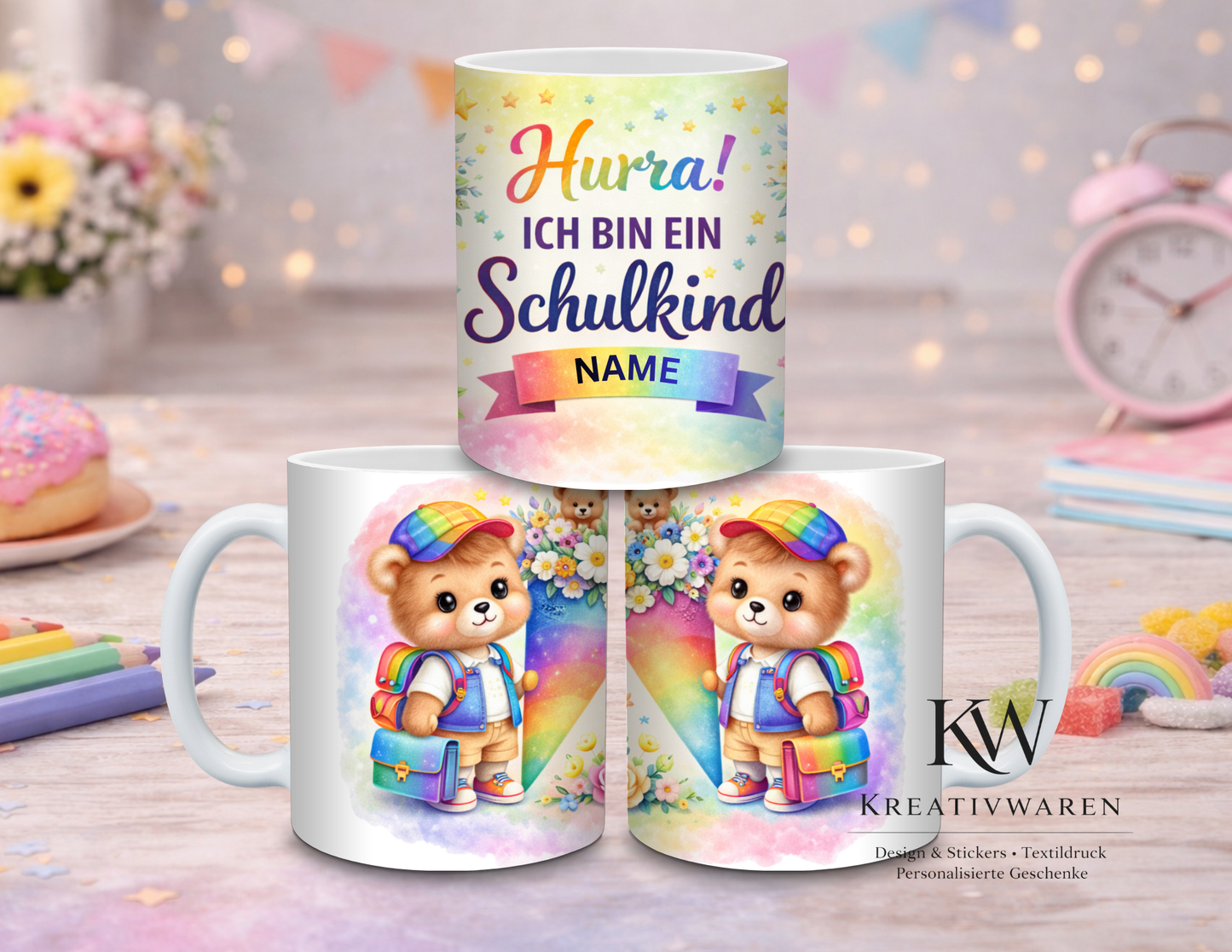 Personalisierte Einschulungstasse mit Name | Geschenk Schulanfang Mädchen Junge | Tasse Schulkind | Einschulung Geschenk Idee | Bär Motiv