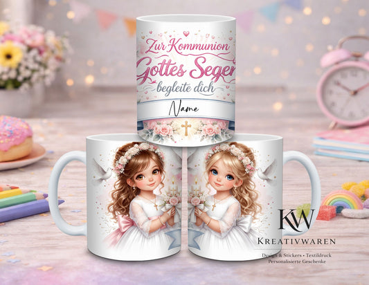Personalisierte Kommunion Tasse Mädchen – Gottes Segen begleite dich – Geschenk zur Erstkommunion – Tasse mit Name