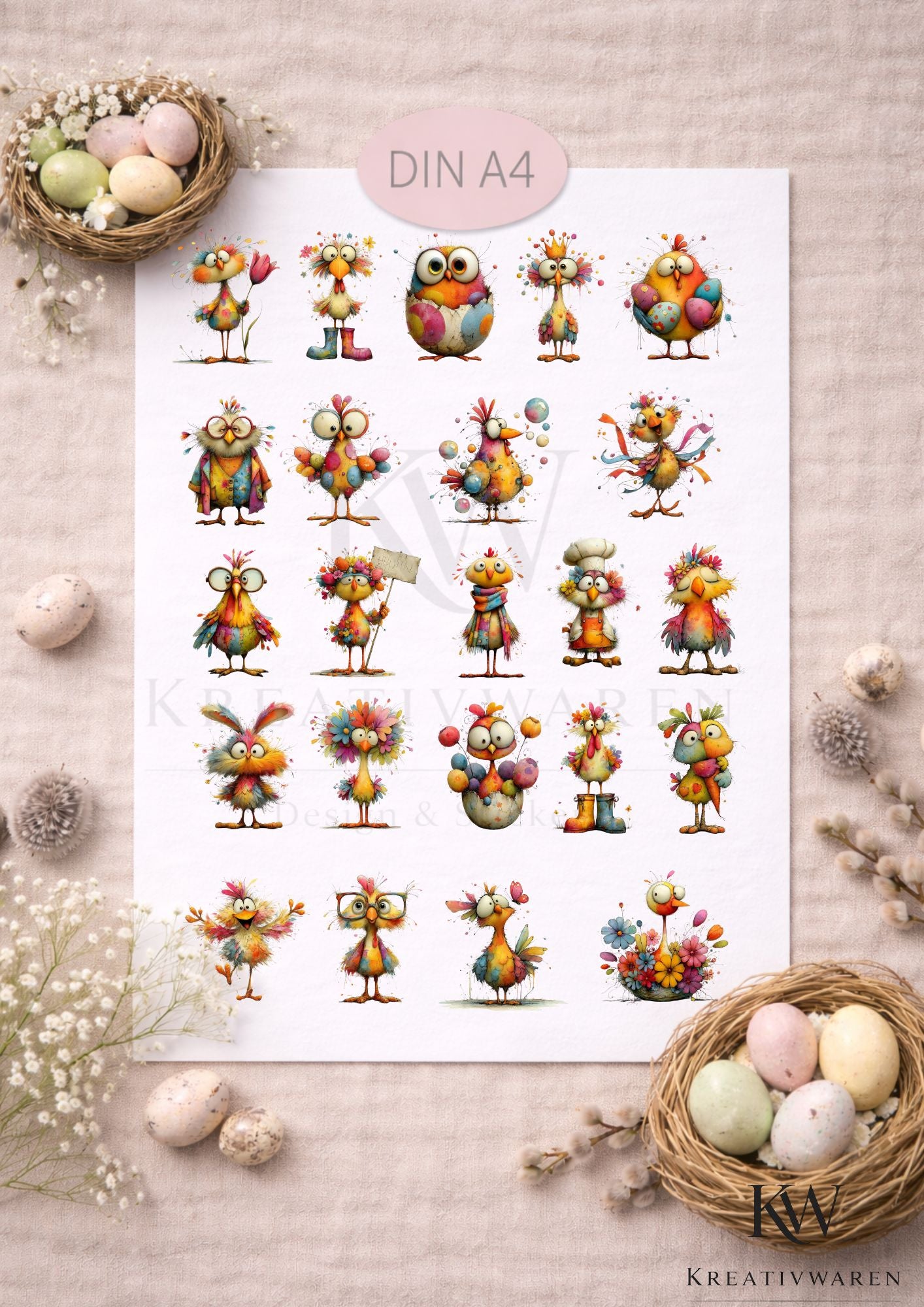 Rub Ons „Bunter Osterfreunde Chicks“ – DIN A4 Rub-On Sheet, randlos