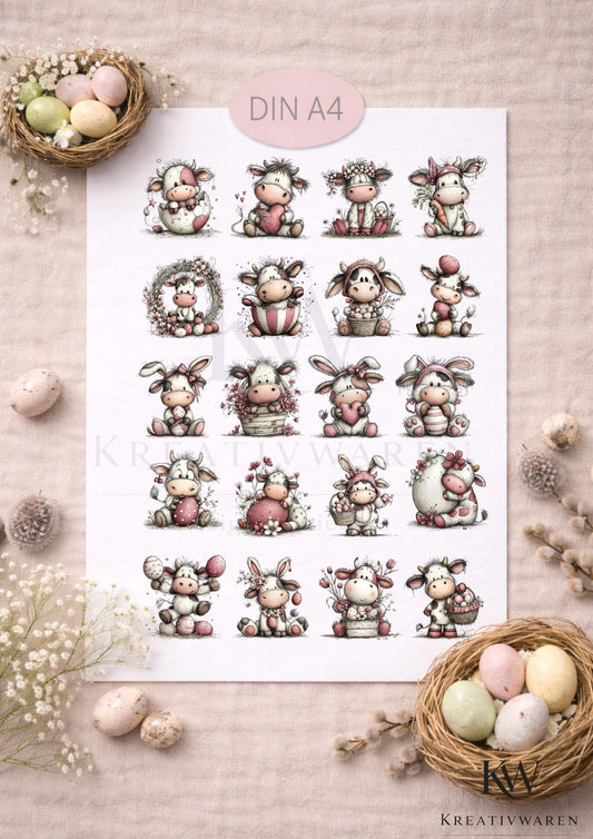 Rub Ons „süße Osterkühe“ – DIN A4 Rub-On Sheet, randlos