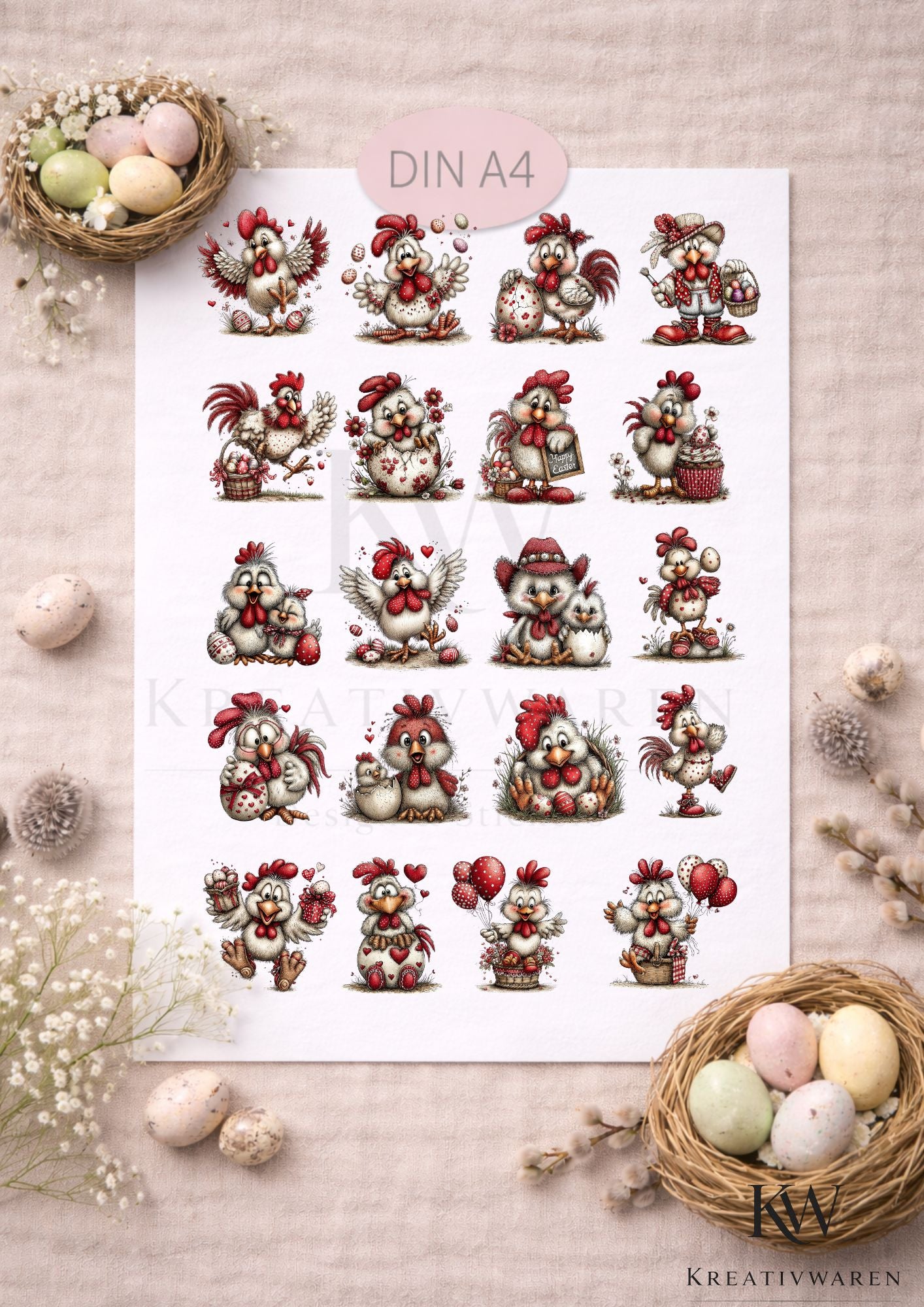 Rub Ons „Osterhühner & Küken“ – DIN A4 Rub-On Sheet, randlos