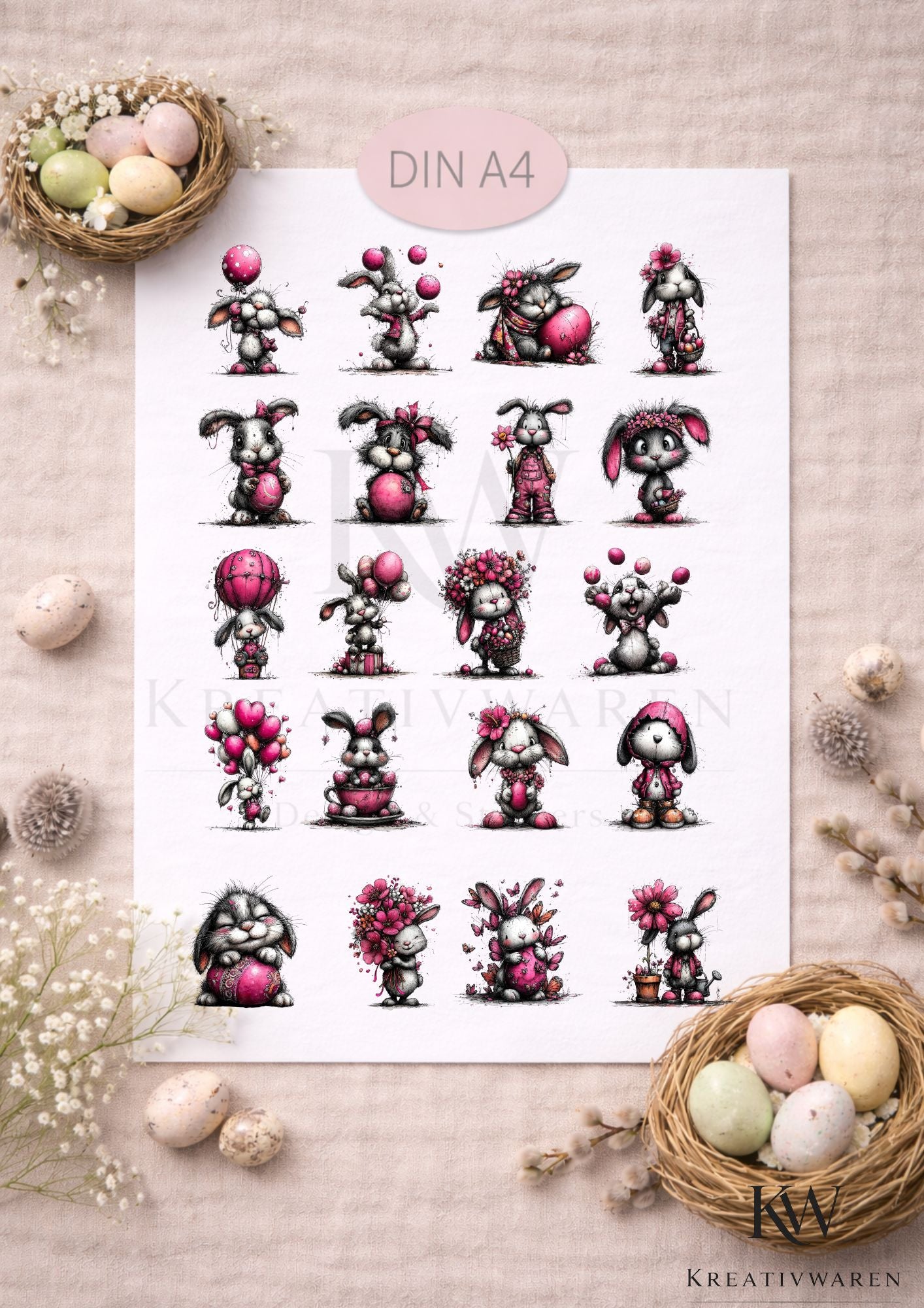 Rub Ons „Hasenzauber Pink“ – DIN A4 Rub-On Sheet, randlos