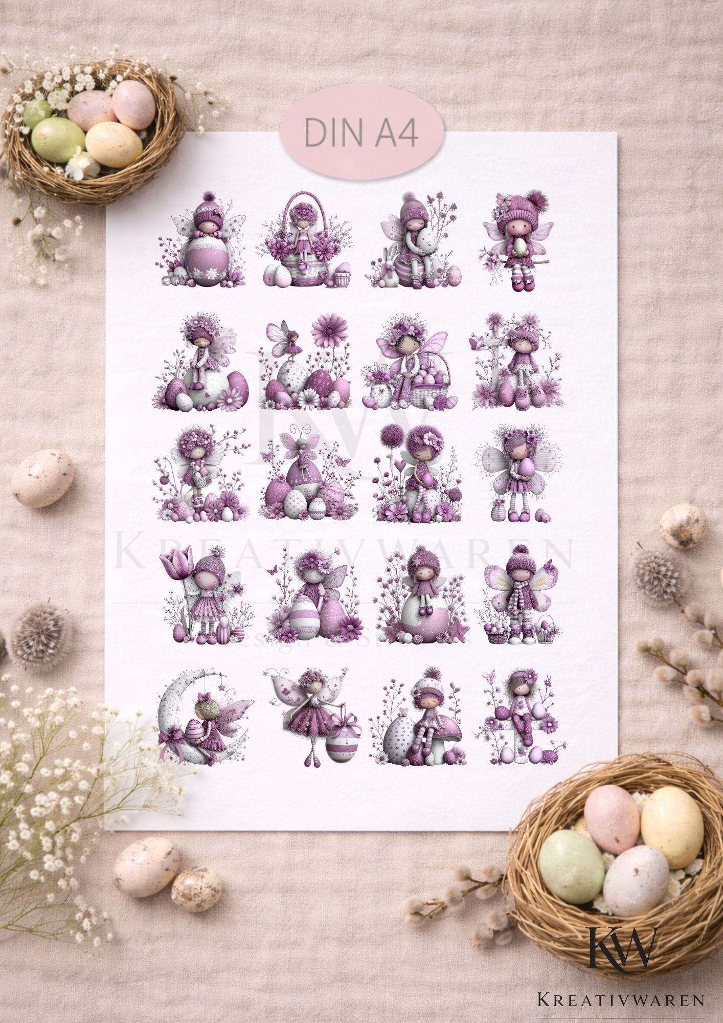 Rub Ons „Feenzauber Ostern Lila“ – DIN A4 Rub-On Sheet, randlos