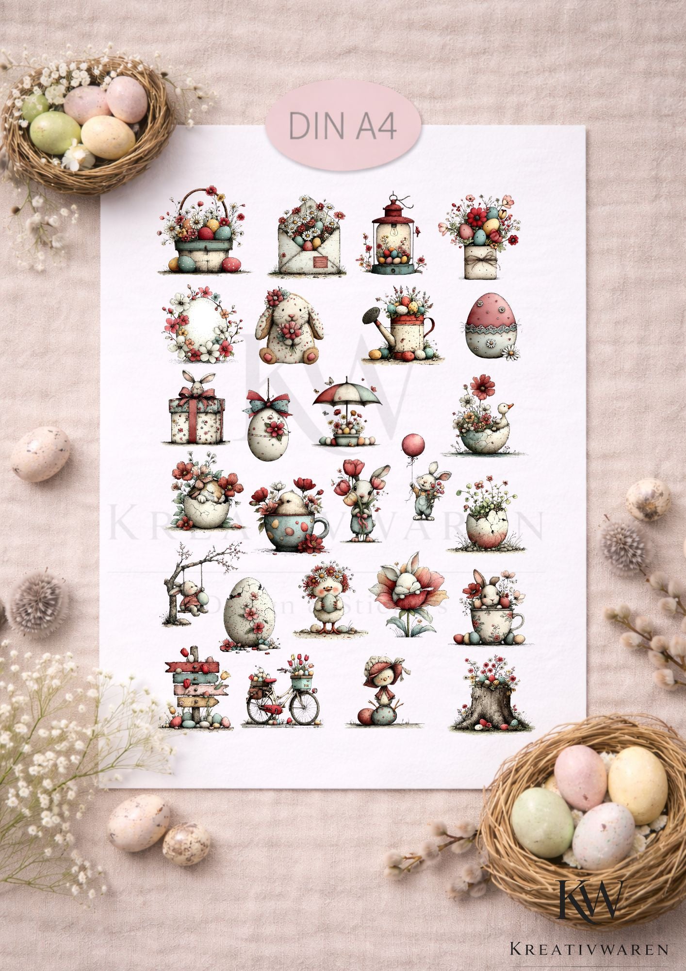 Rub Ons „Osterdeko Vintage“ – DIN A4 Rub-On Sheet, randlos