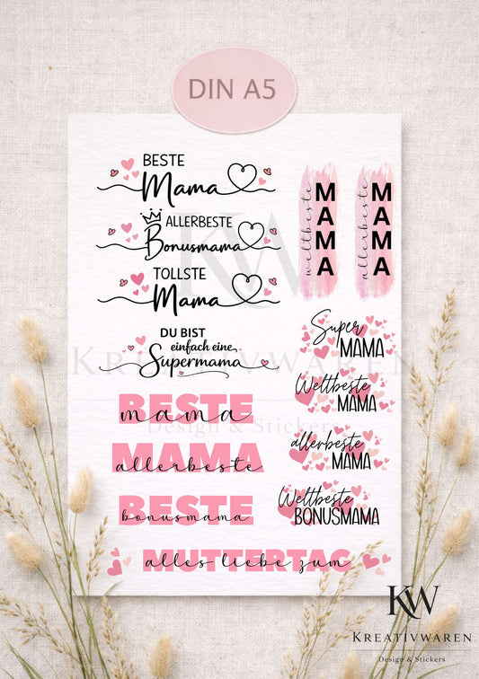 Rub Ons „Danke Mama - Muttertag“ – A5 Rub-On Sheet, liebevolle Motive