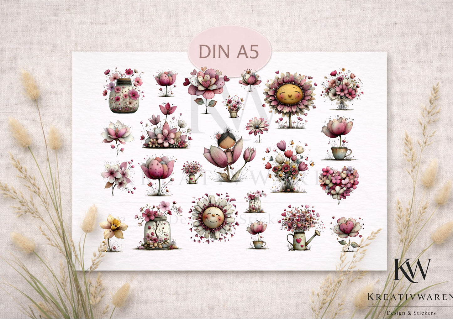 Rub Ons „Blütenpoesie“ – DIN A5 Rub-On Sheet, randlos