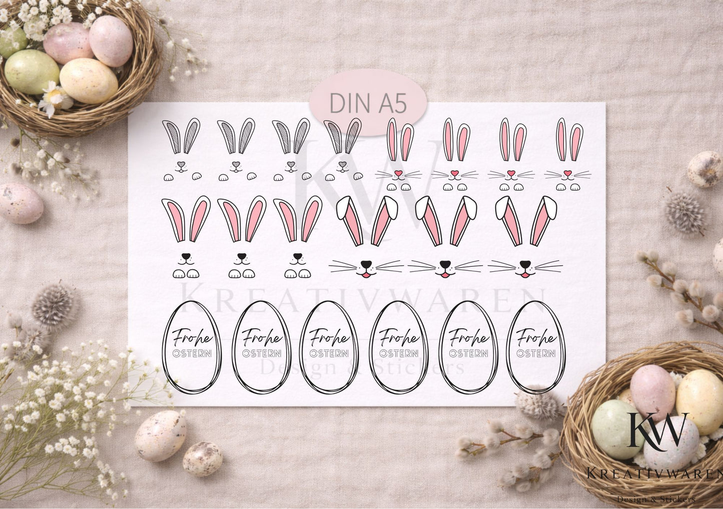 Rub Ons „Frohe Ostern Hase“ – A5 Rub-On Sheet, randlos