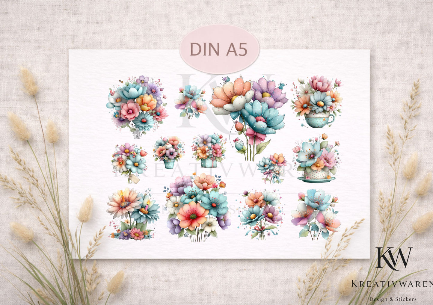 Rub Ons „Blütenzauber Pastell“ – DIN A5 Rub-On Sheet, randlos