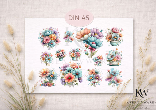 Rub Ons „Blütenzauber Pastell“ – DIN A5 Rub-On Sheet, randlos